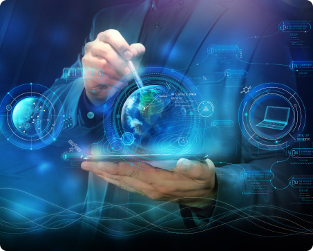 A person holding a tablet and a stylus. There is a hologram effect of the earth above the tablet.